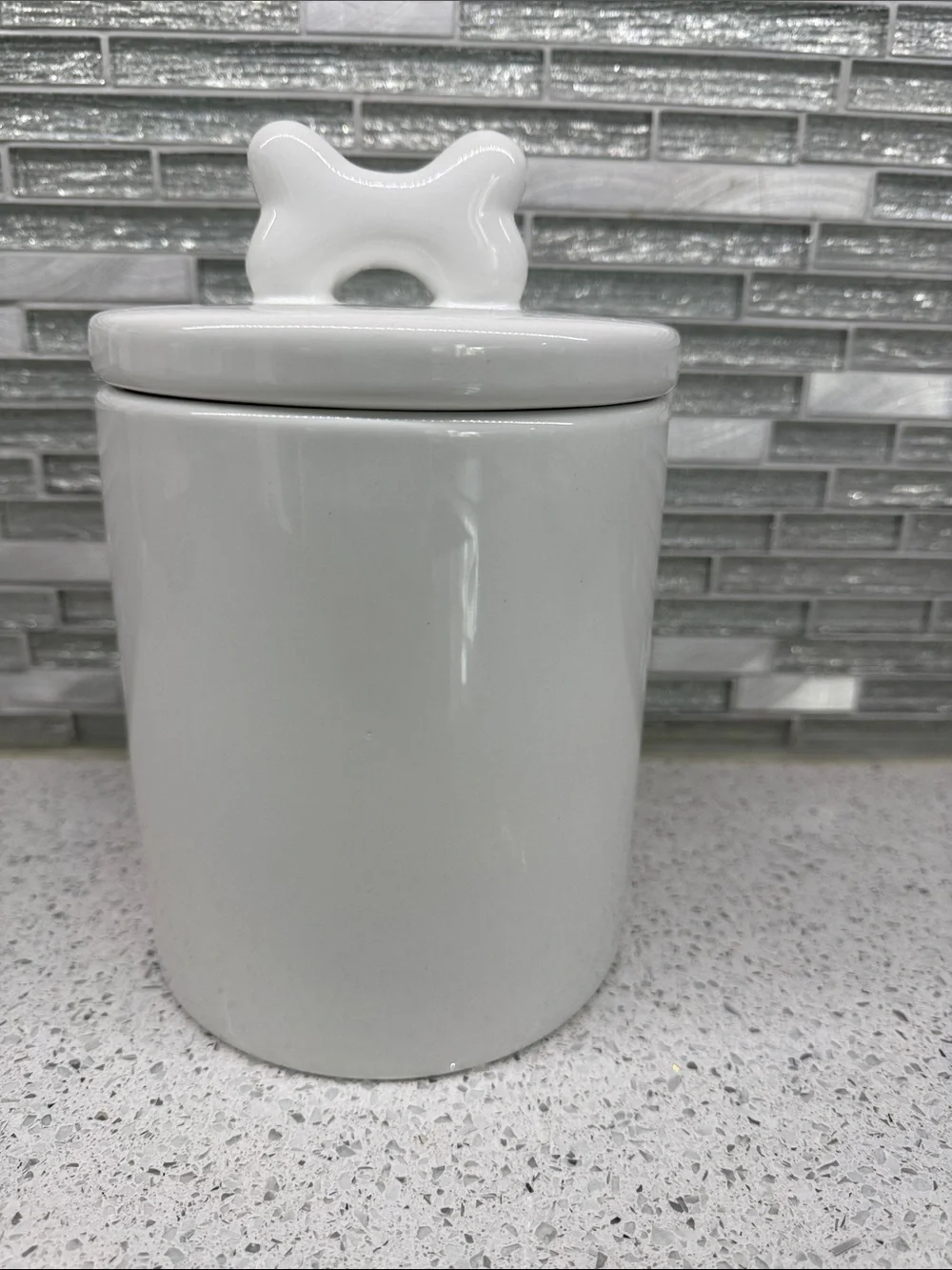 Ceramic Dog Treat Jar with Bone Lid - White